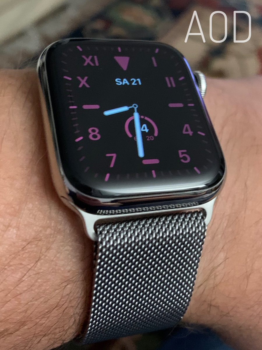 DANdFRA's tweet image. A real game changer! “Always On Display - AOD” mode and “California” #watchface and original #milaneseloop #watchband on #applewatchseries5 #cellular #stainlesssteel #silver #apple #watchos6