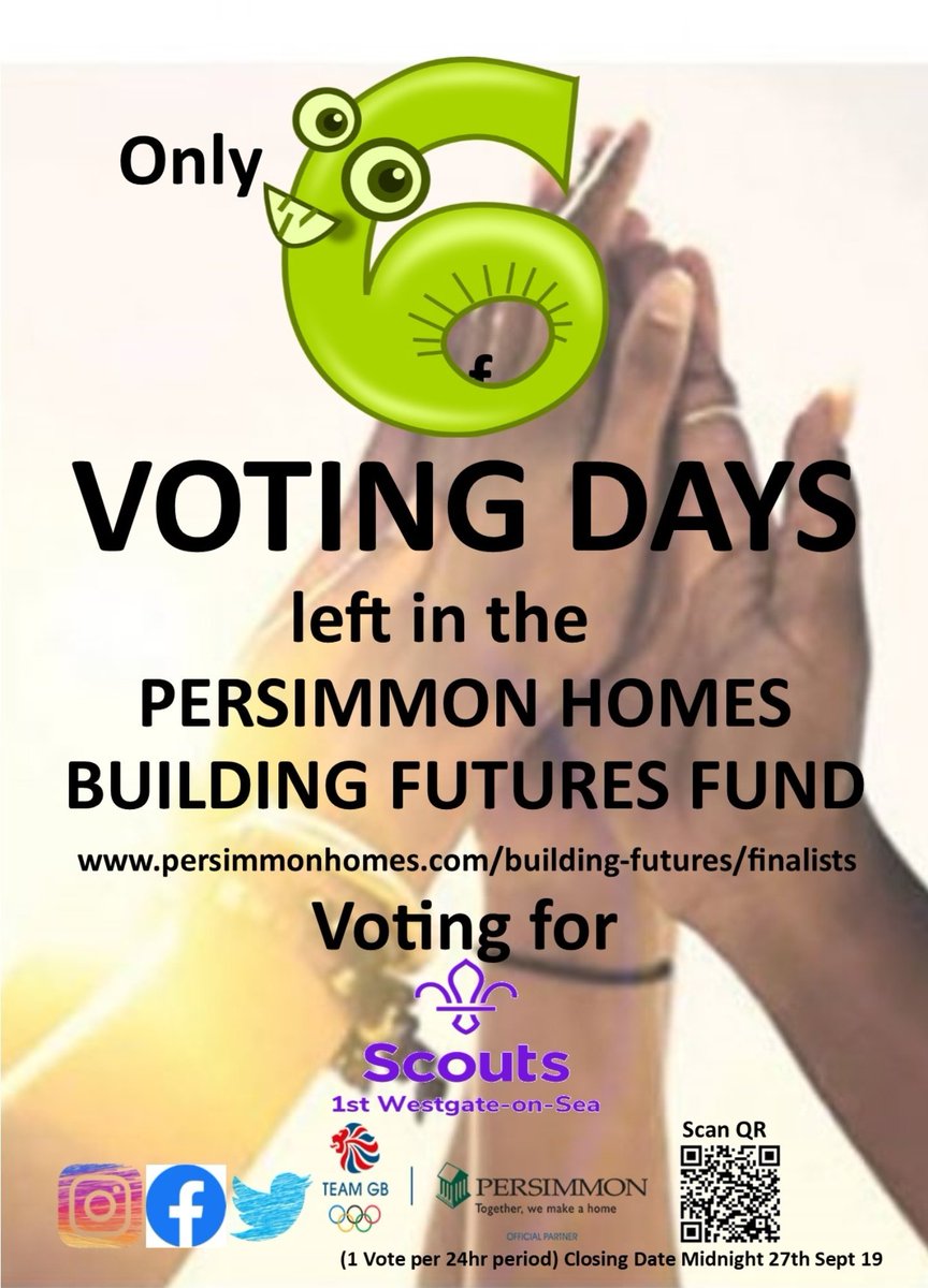 Guess what.......! 
You got it....! ONLY 6 Days 
REMAINING TO VOTE &amp; SHARE
in the <a href="/PersimmonHomes/">persimmonhomes</a> building Futures fund 
persimmonhomes.com/building-futur…
@TimothyKidd <a href="/Kentscouts/">Kent Scouts</a> <a href="/ThanetScouts/">Thanet Scouts</a> <a href="/KentCubScouts/">Kent Cub Scouts</a>  <a href="/worldscouting/">World Scouting</a> <a href="/KentBeaverScout/">Kent Beaver Scouts</a> <a href="/OllieScouts/">Ollie Wood</a> <a href="/WarwickADavis/">Warwick Davis</a> 
#skillsforlife