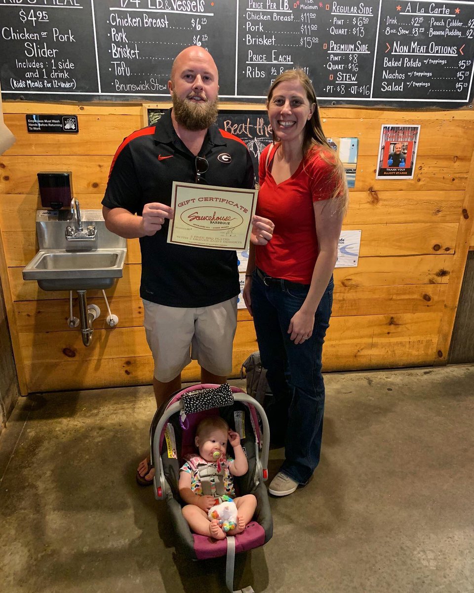 IT'S GAMEDAY! Stop by Saucehouse to fuel up before the big game. Make sure to keep commenting your predictions on our Saucy Scoreboard post to win a gift certificate for dinner! Pictured is one of last weeks winners with his family! And as always, GO DAWGS!!! #SaturdayinAthens