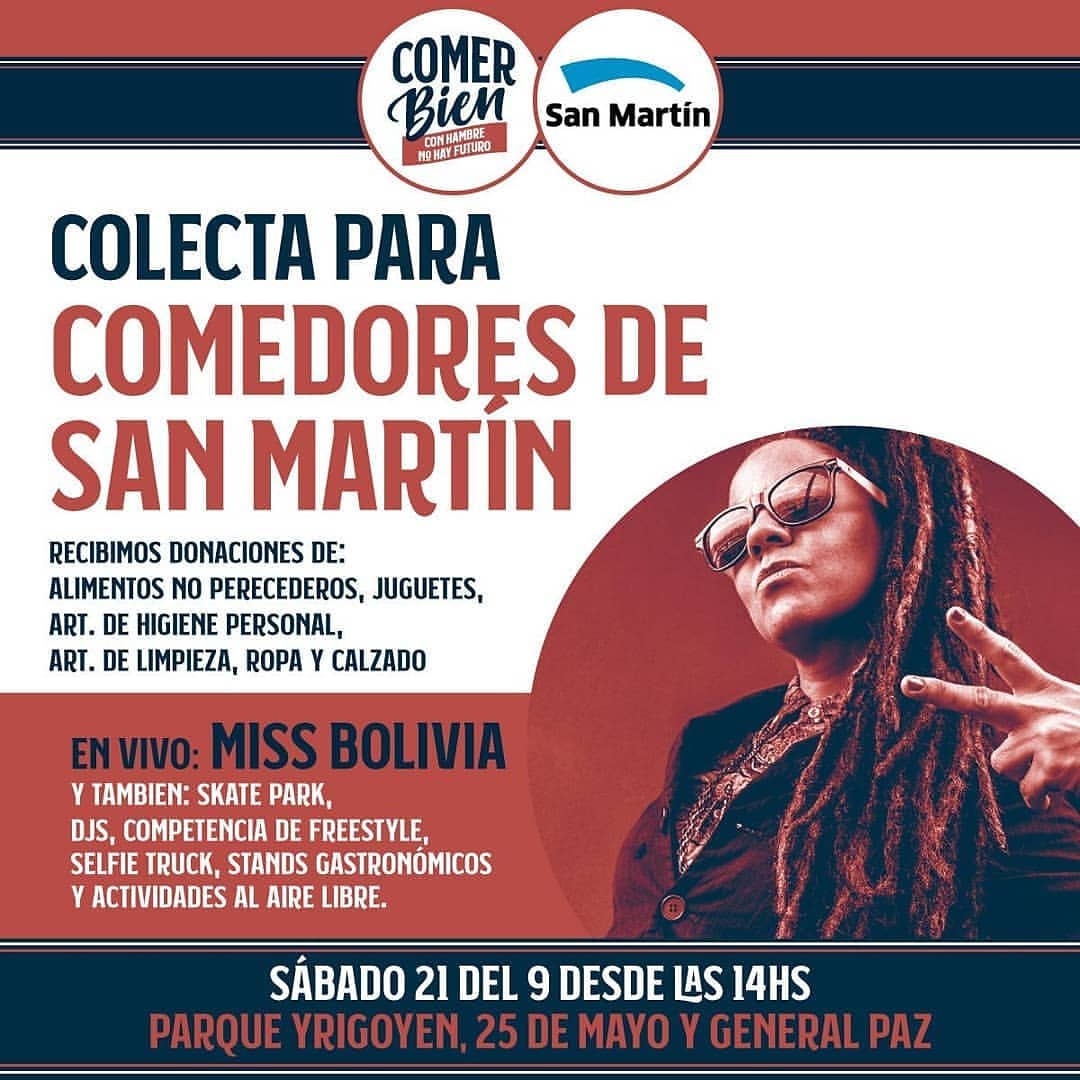 Missbo_fans's tweet photo. Hoy Miss Bolivia en Parque Yrigoyen a las 18 hs, gratis.
Podés colaborar con un alimento no perecedero para la Campaña Comer Bien.❤💪🎶🌈
.
#missbolivia 
#SanMartin https://t.co/5atZGSIb1Z