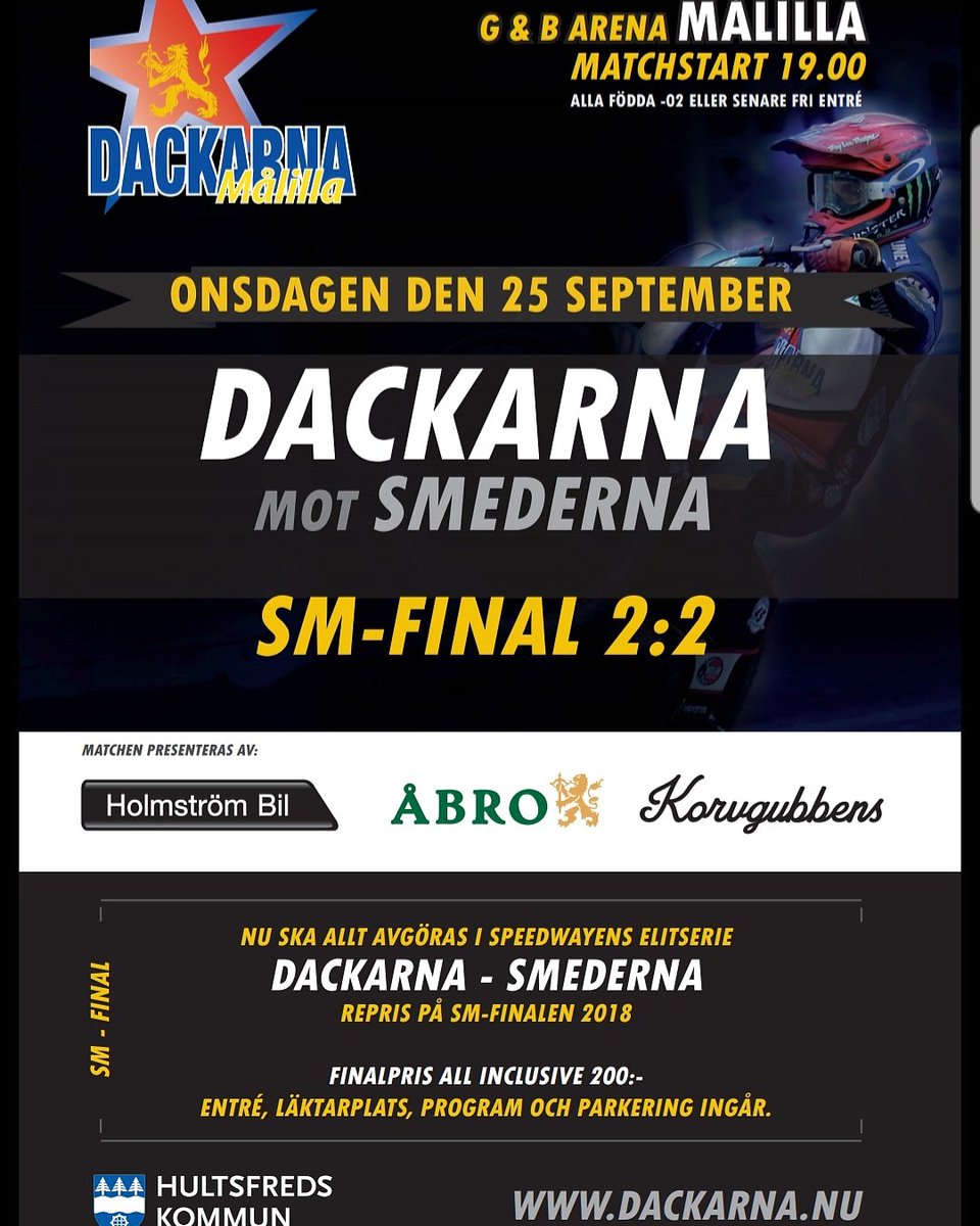 Nästa vecka kör vi som alla vet SM-final. Onsdagen ska allt avgöras ute på G&amp;B arena. 
Alla varmt välkomna. 
#speedway #dackarna #målilla #zuzel #smfinal