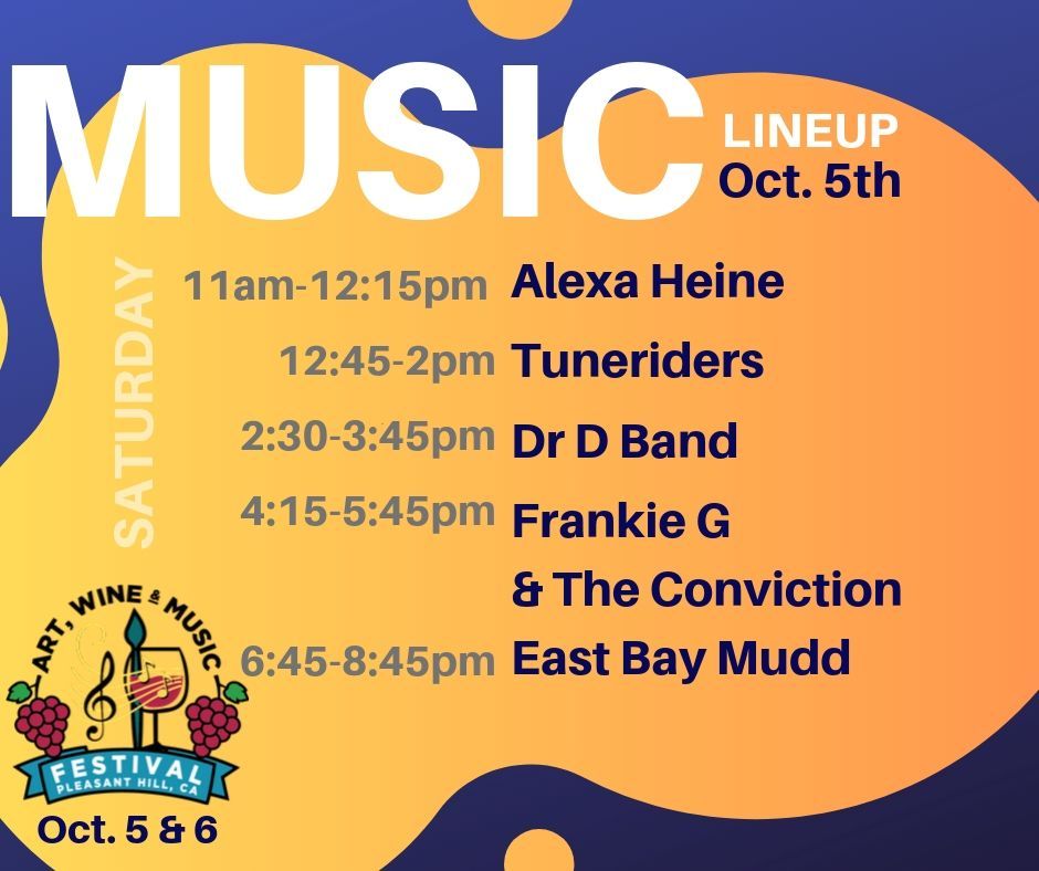 PHChamber_CA's tweet photo. Here's the #musiclineup for October 5th at the Art, Wine & Music Festival!
See the weekend lineup πΈ https://t.co/uSSnucXxUU
#PHArtandWineFestival #pleasanthillca #downtownpleasanthill #fun #livemusic #family #beergarden #wine #friends #fundraising https://t.co/1Fa6v5mJU4
