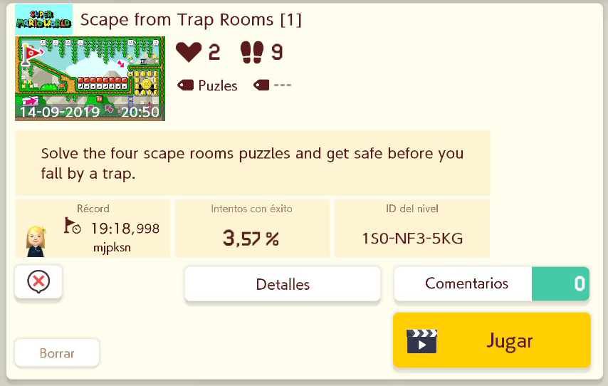 Me han pasado estos niveles para ponerlos por aquí.🤗

El 1º trata de resolver el puzle de la habitación antes de que la trampa te acorrale. #EscapeRoom de 4 salas.
ID: 1S0-NF3-5KG

#SuperMarioMaker2 #NintendoSwitch #puzzle 
(sí, se le ha olvidado la E para decir 'escape'🤭)