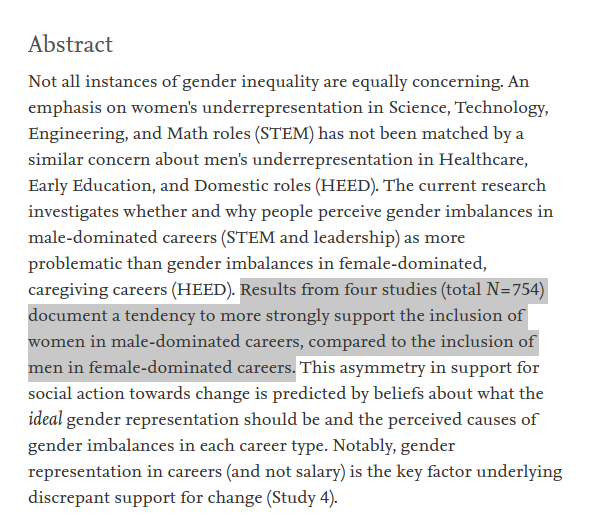  #IgualdadeDeGéneroA preocupação relativa às mulheres sub-representadas nas STEM não é correspondida por uma semelhante preocupação pelos homens sub-representados nas HEED (Healthcare, Early Education, and Domestic roles). https://www.sciencedirect.com/science/article/pii/S0022103118304633