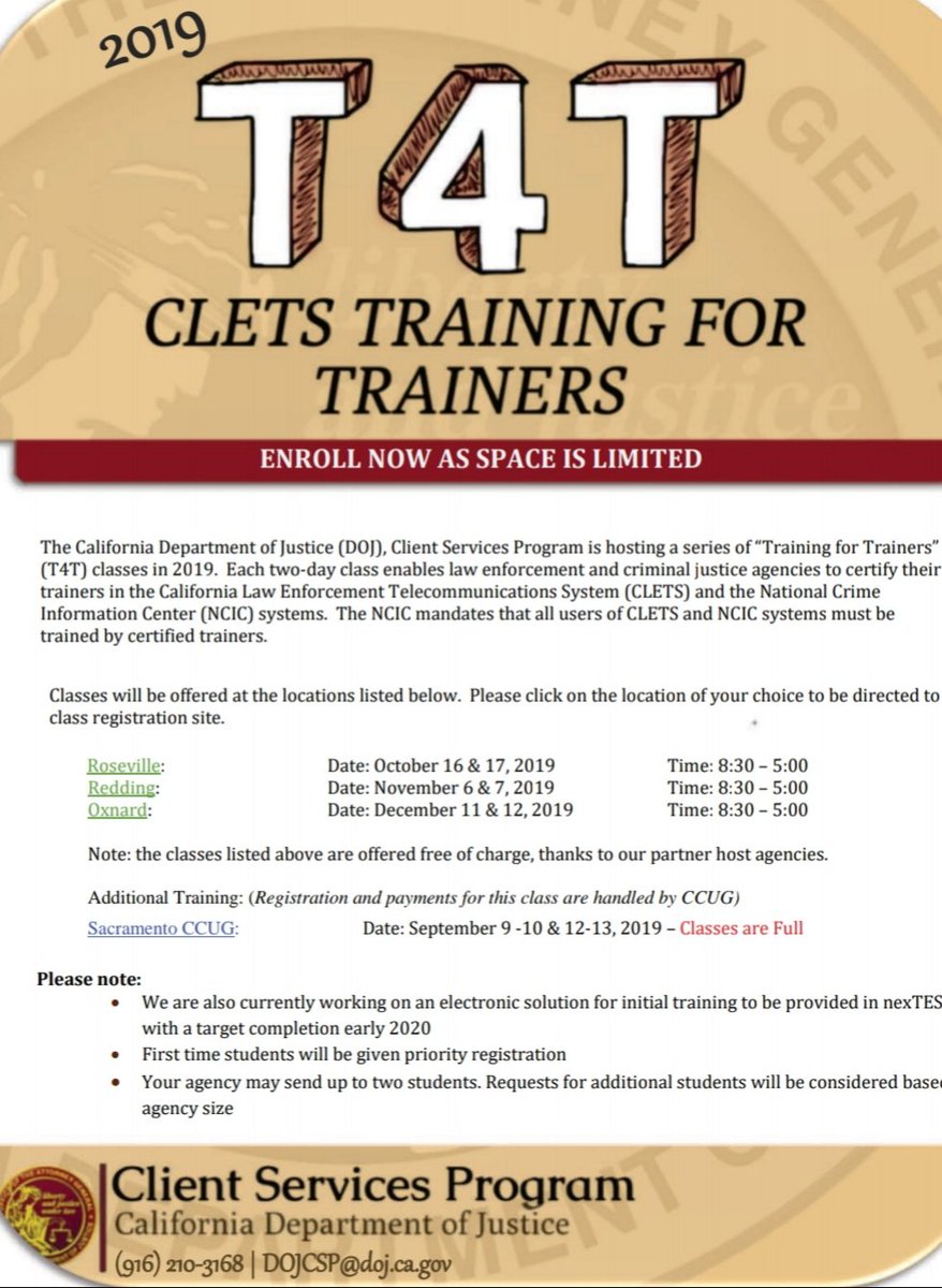 Were you interested in the T4T class but didn't make it into our classes at seminar?  Is you agency in need of trainers and can't wait until our 2020 seminar in Palm Springs? 

DOJ is hosting 3 courses in Roseville, Redding, and Oxnard. Seats are limited.
