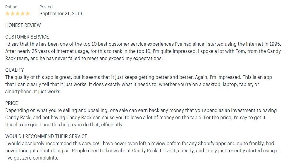 digismoothie's tweet photo. This is probably our best review of #CandyRack so far. Really happy to see our app is helping #Shopify merchants to grow their business using #upselling. 🚀💸 https://t.co/yiMhbxQFdF