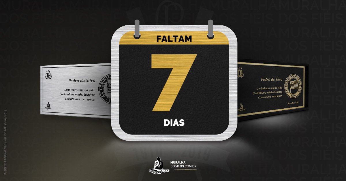 Corinthians's tweet photo. Só mais 7 dias! Fiel, não perca tempo e aproveite para gravar sua placa na Arena e levar para casa a réplica dourada de Edição Especial #Timão109 na Muralha dos Fiéis!

Garanta aqui: https://t.co/U82y5cLEHP https://t.co/sdZXCcGjwg
