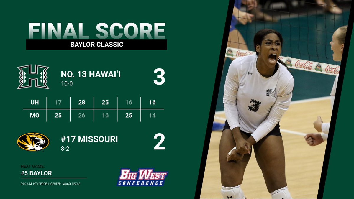 WOW! No. 13 #HawaiiWVB battles back to outlast No. 17 Mizzou in five sets! What a GAME!  #GoBows🌈🏐