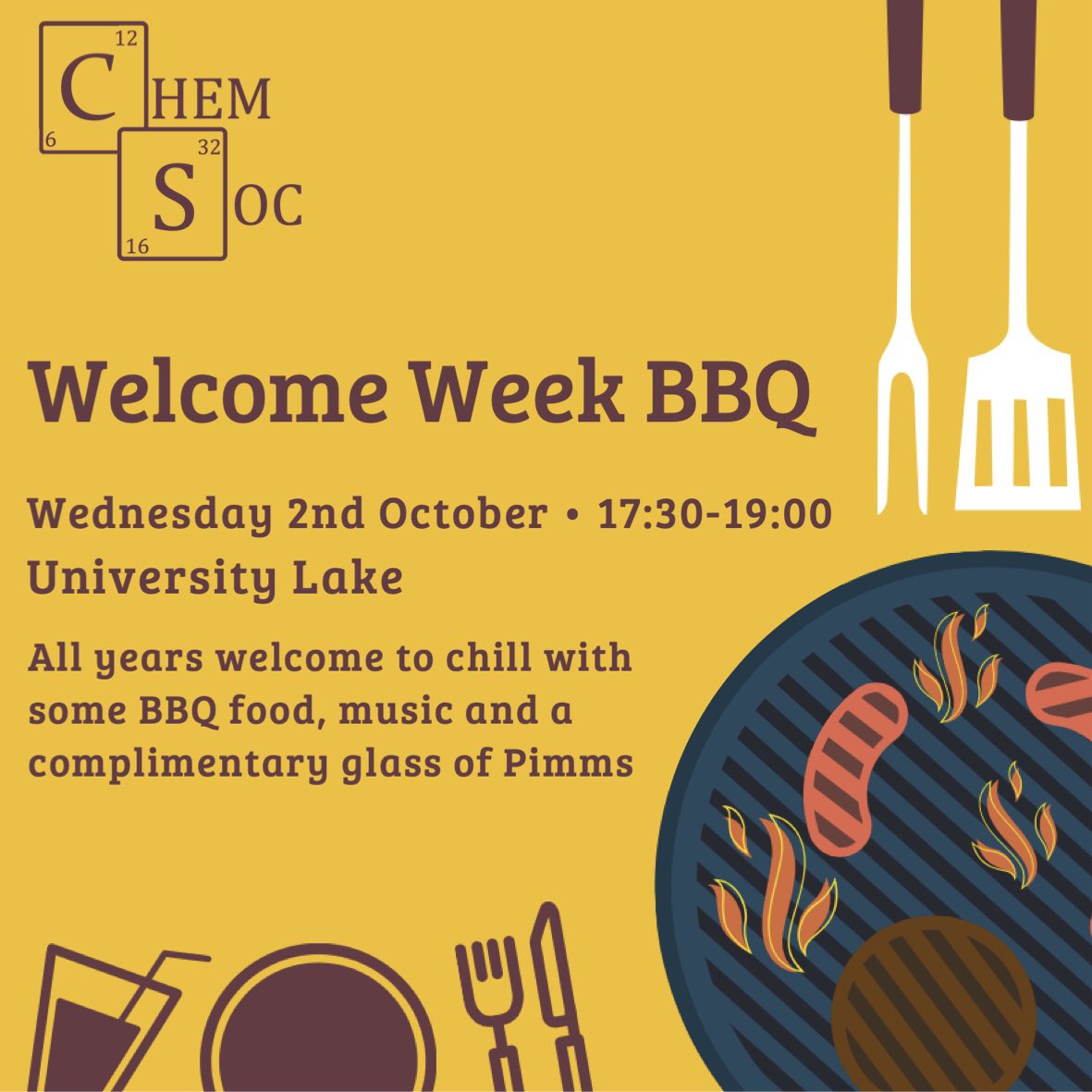 Our first Freshers’ event of the year is here!
All years welcome to catch up with friends and for freshers to meet their buddies midway through Freshers’ Week🍔🍹
*Please inform us of any dietary requirements asap and remember to bring cash*
See you all there🧪