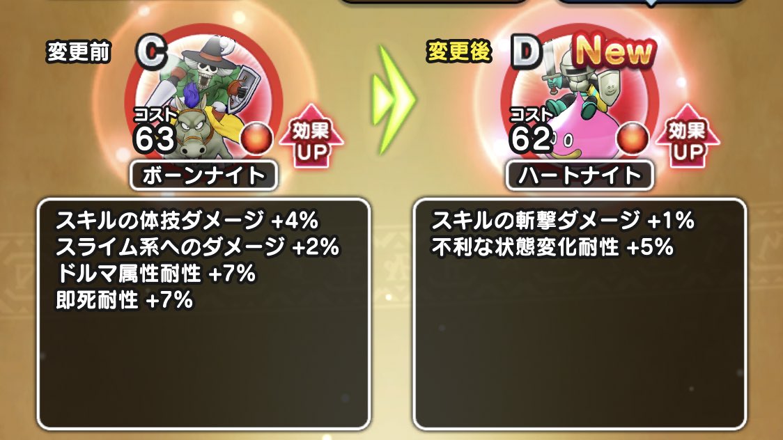 ようへい Dqウォーク Dqウォーク 地域モンスター 上位 ハートナイトのこころ確定場所に遭遇したよ Dランクだったので ボーンナイトcに比べると劣るかなぁ 特殊効果 斬撃 1 不利な状態耐性 5 進行は5章10話まで開放中 腕試しクエ