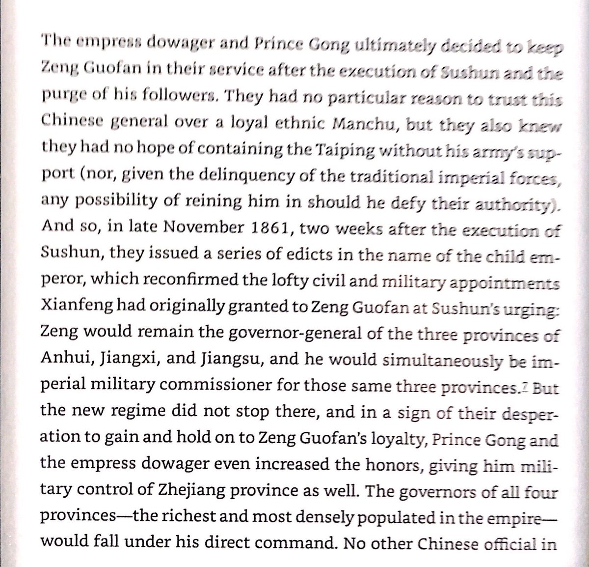 Zeng Guofan created a personal power base, supported by empress dowager Cixi and her advisors. This was part of a trend wherein authority increasingly vested in ethnic Chinese and local officials. This would culminate in the Warlord Era after Xinhai Revolution.