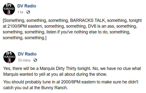 DV_DVRadio's tweet photo. #MarquisDirtyThirty begins at 2000/8PM eastern followed by a #MusicBlock then #ProfileAmerica all ending with #BARRACKSTALK going live at 2100/9PM eastern!
Listen/chat on https://t.co/xIPA0sp72U or on your mobile device on the @Live365 app! https://t.co/c27BjB99E1
