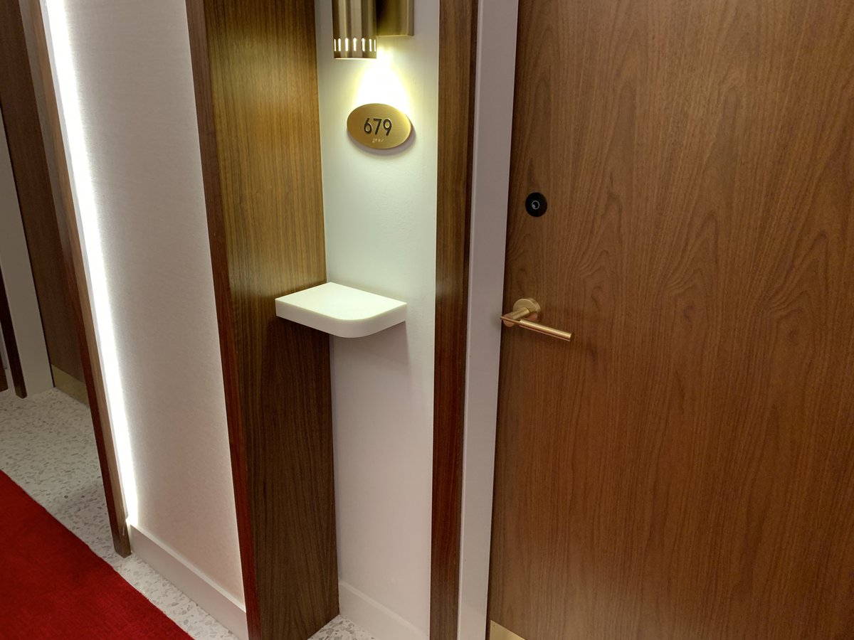 The TWA Hotel at JFK has something I’ve never seen in a hotel before.  A little ledge by the door handle.  How often have you spilled coffee, etc, while trying get your room key out of your pocket?   Ingenious.  Why don’t all hotels have this?