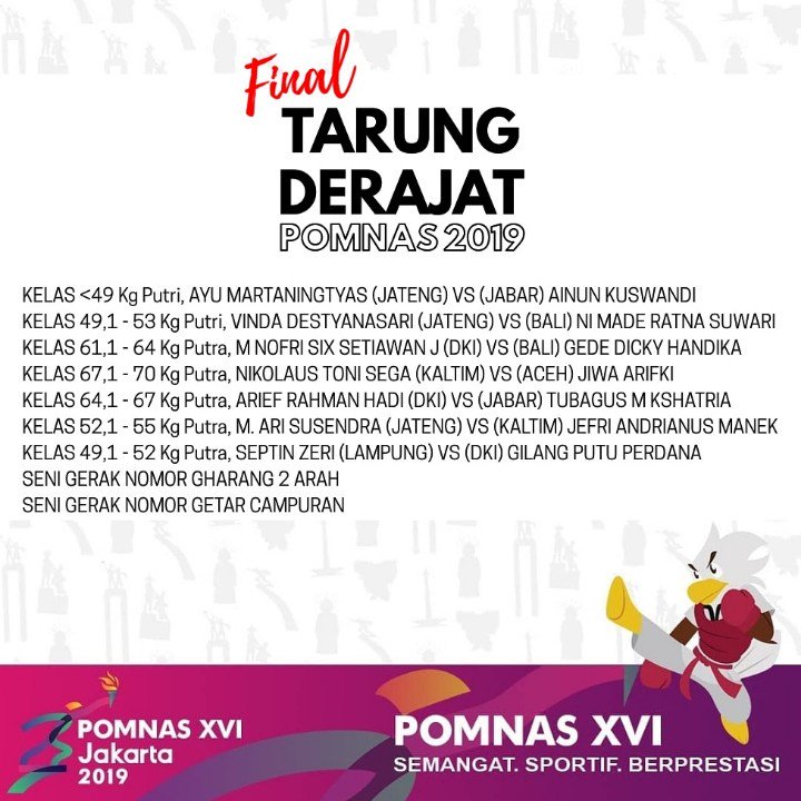 POMNAS 2019: Daftar pertandingan final cabang olahraga Tarung Derajat, Minggu 22 September 2019 #pomnasjakarta2019 #pomnas2019 #tarungderajat