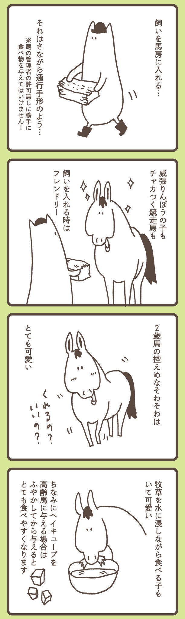 Itsumi 斉藤いつみ 馬の絵画家 飼い 馬の食事 をあげる時の話 おやつも飼いも アスリートとして 長生きして欲しくて栄養管理されていますので勝手にあげちゃ絶対ダメですよ ゆるうままんが 乗馬 競馬