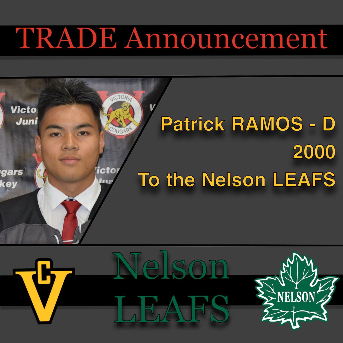 CougarsJrHockey's tweet photo. TRADE Announcement: The Cougars have sent Patrick RAMOS to the Nelson LEAFS for a PDF. Good luck in Nelson Patrick! https://t.co/dnCJTpS72S
