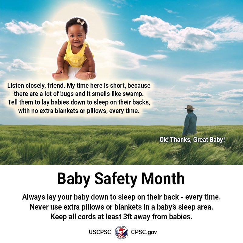 A baby floating over a field. The text reads: Always lay your baby down to sleep on their back every time. Never use extra pillows or blankets.