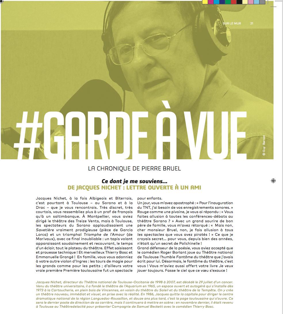 LeBrigadier1's tweet photo. Ce soir, très bel hommage du #TheatredelaCité à Jacques #Nichet. Dans le @LeBrigadier1 #36, Pierre #Bruel, notre mémorialiste en chef, nous raconte ses souvenirs avec le metteur en scène dans sa chronique #gardeàvue https://t.co/4IOFPhFX4F
