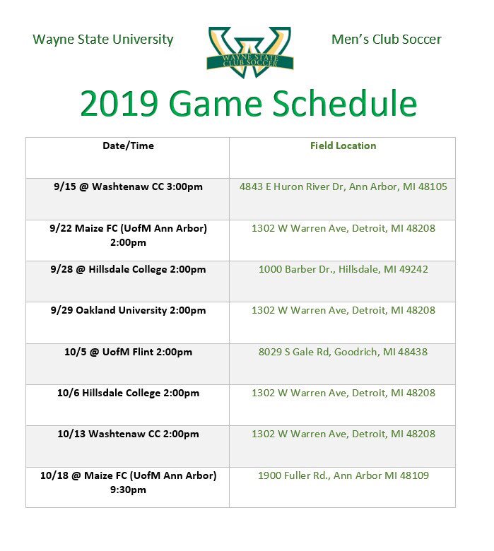 wsu_mcs's tweet image. 2019 GAME SCHEDULE: Attached is the game schedule for the 2019 season! Come out and support us! We took down WCC 4-1 in our season opener and take on U of M Ann Arbor (Maize FC) today at 2:00pm!