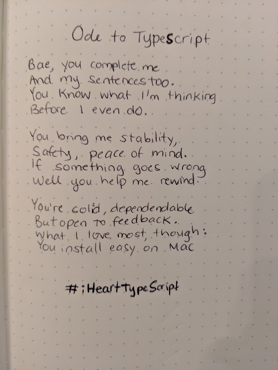 JavaScribe8's tweet photo. Day 8 of 100 days of poetry about code #ihearttypescript #programming #poetry https://t.co/Kn8GM4NPc3
