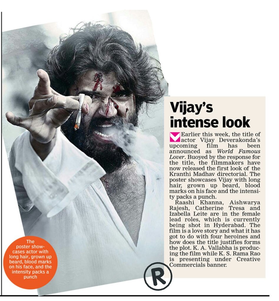 imshiva17's tweet photo. Vijay's intense
look.. @TheDeverakonda
The poster showcase actor with
long hair, grown up beard,
blood marks on his face, and
the intensity packs
a punch... 💥 #WorldFamousLover
#VijayDevarakonda #WFLFirstLook https://t.co/VY1tb0ibex