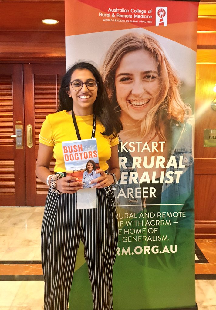 ACRRM's tweet photo. Winner of our @yourAMSArural
booth competition here at #RHS19 Raviina is very happy with her 'Bush Doctors' prize. #ruralwithacrrm @AnnabellBrayley https://t.co/J1u4oPHXb4