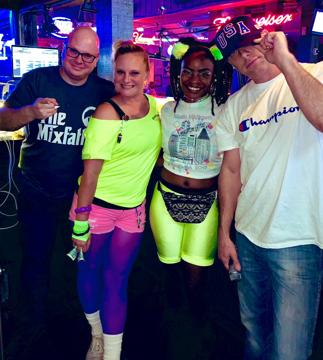 Q997Atlanta's tweet photo. Throwbacks &amp; neon for the #SaturdayNightQ Decades party - @adambombshow @djrapko at @EastsideStation https://t.co/vtlMcs39Lq