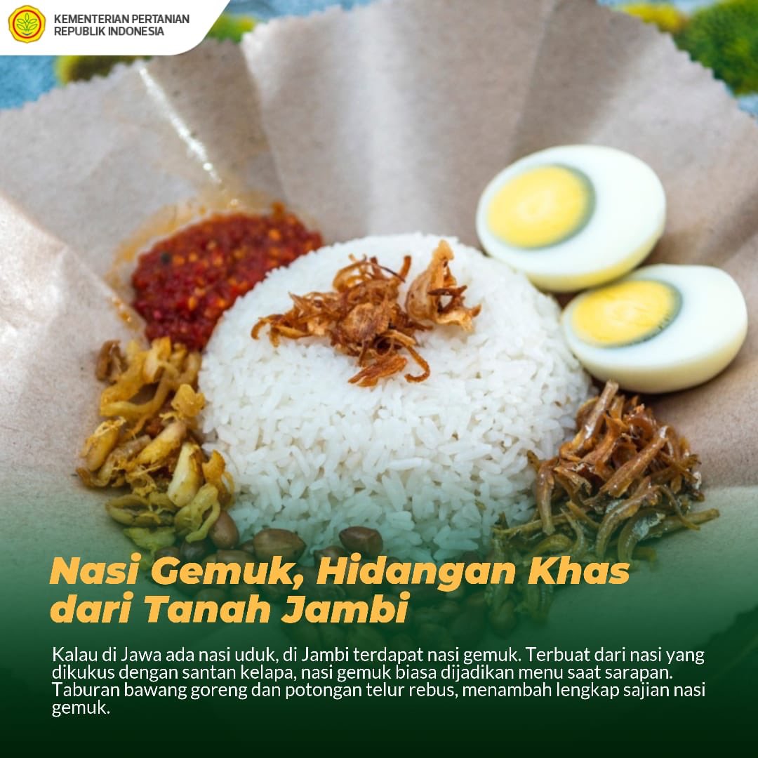 kementan's tweet photo. Semangat pagi #SobaTani, klo Jawa ada nasi uduk,nah Jambi punya nasi gemuk.Meski berbeda nama, keduanya sangat pas utk jd menu sarapan. Mintani makin bangga deh, bumi Nusantara pny kekhasan makanan dr tiap daerah.Coba sebutkan dong, kuliner khas dari daerah kalian #PetaniMilenial https://t.co/VVXu0oD1YE