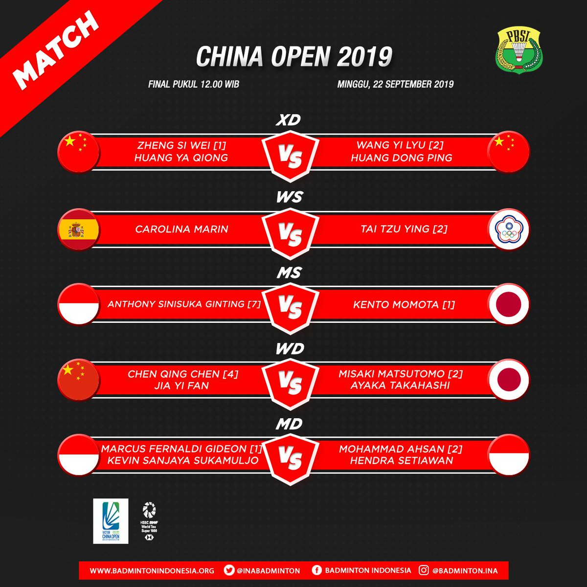 Selamat pagi! Hari final #ChinaOpenSuper1000 mulai pukul 12.00 WIB live di <a href="/TVRINasional/">TVRI Nasional</a>. Indonesia sudah pastikan gelar ganda putra dan berpeluang menambah satu lagi di sektor tunggal putra. Dukung!