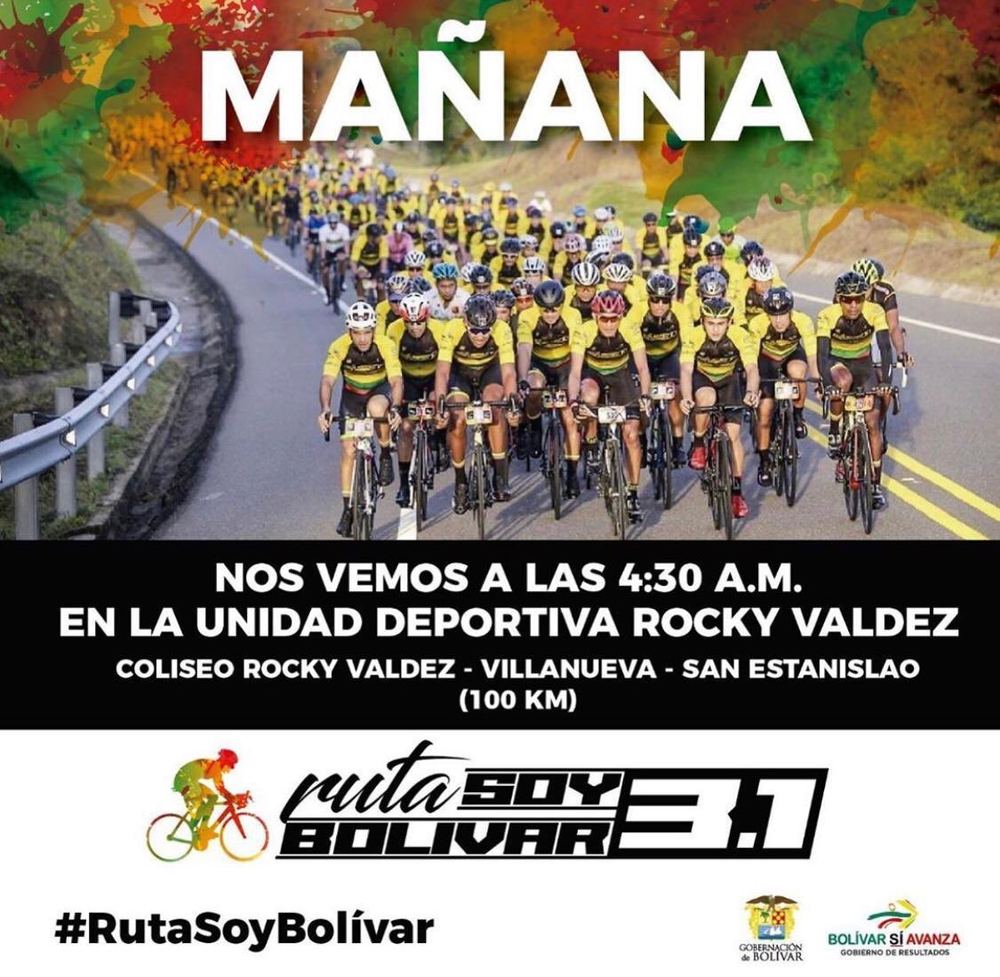 Todo listo para que mañana domingo , parta la segunda salida del gran evento #RutaSoyBolivar 3.1. Serán 100 km, saliendo de la Unidad de Deportiva “Rocky” Valdez, pasando por los municipios de Villanueva, San Estanislao de Kostka y regresando a la Unidad Deportiva “Rocky” Valdez