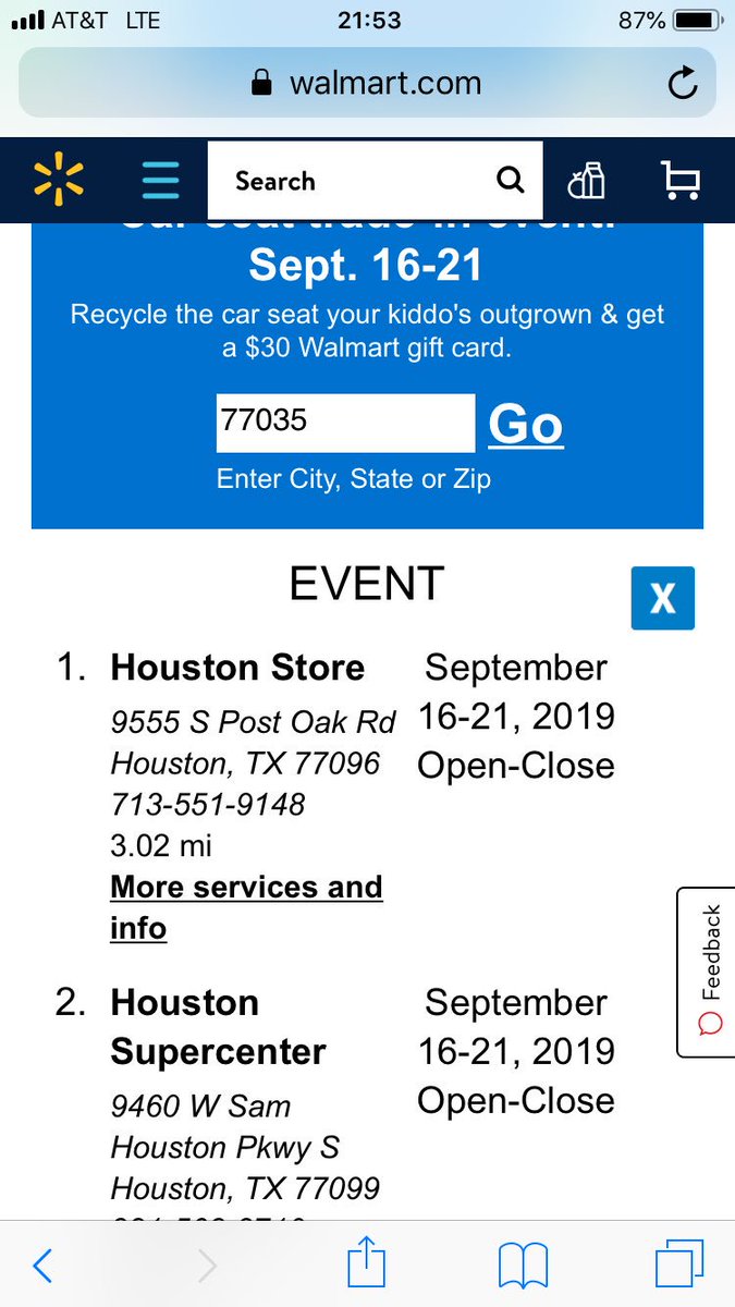 TheFraserWill's tweet photo. @Walmart I just went to my local Walmart (South Post Oak Houston) at 9.30pm for the car seat trade-in event only to be told the Customer Service desk closed at 9pm. The website says it’s runs open-close which is 6am-12am. Staff just shrugged. Very misleading... https://t.co/FF1N8V5Qdf