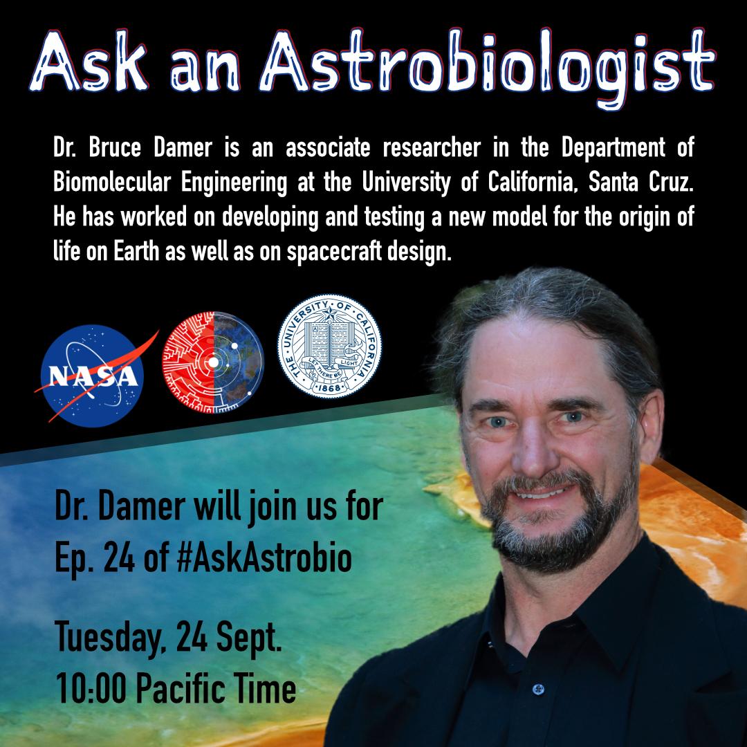 askastrobio's tweet photo. We hope you're all getting excited for our upcoming episode of Ask an Astrobiologist with Dr. Bruce Damer (because we sure are!).
What kinds of questions do you have about the origins of life, computer simulations, spacecraft design, and asteroid mining?
#AskAstrobio https://t.co/nKf0FlJrec
