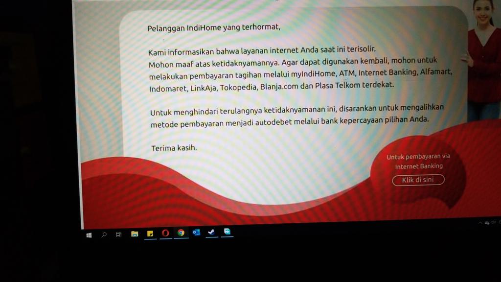 firmansig's tweet photo. @IndiHome saya sudah melakukan pembayaran via tokopedia namun tetap muncul pesan seperti ini https://t.co/pSesuWT3UW