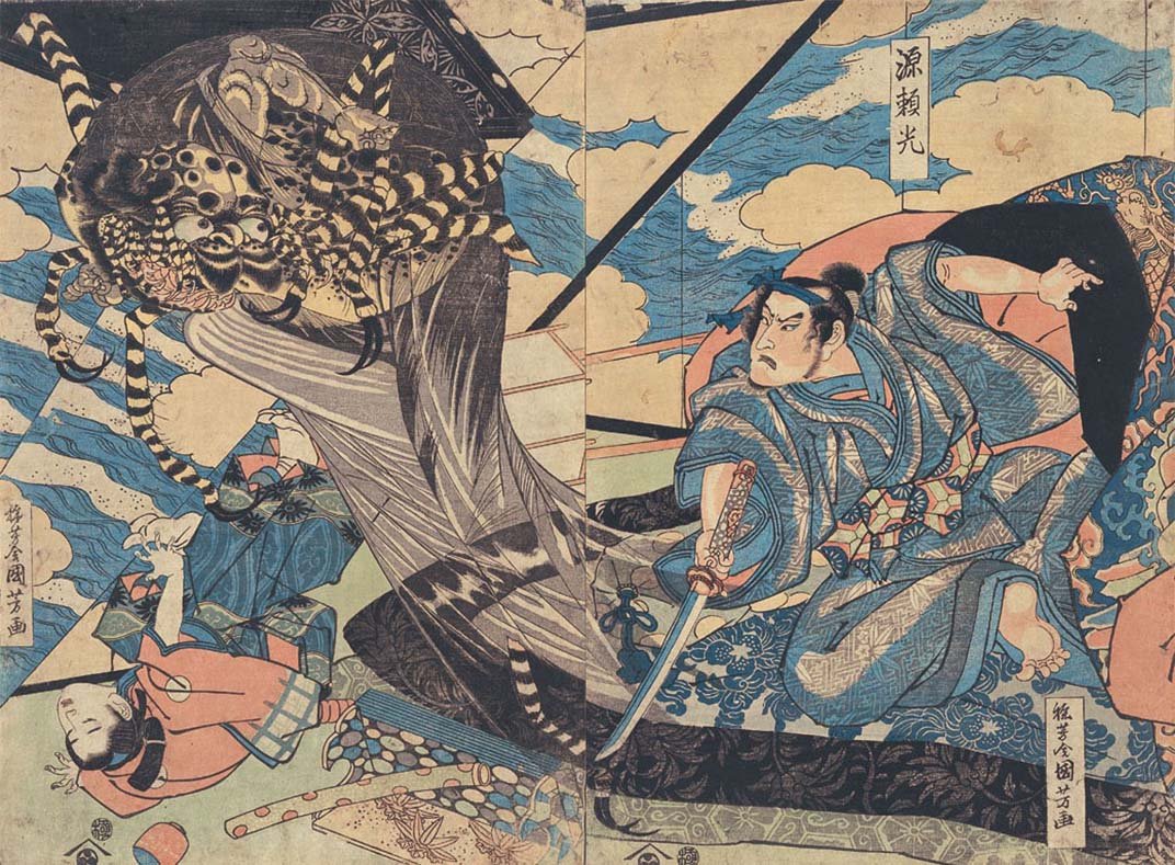 土蜘蛛の妖怪に寝込みを襲われた源頼光。枕元にあった太刀の ＃膝丸 で