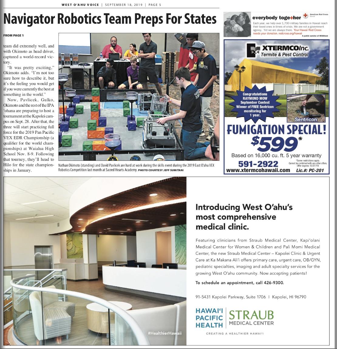 IPAHawaii's tweet photo. "Right after we got the score, (we knew) it was going to be the highest in the world," says Nate Okimoto '22.
Navigator Robotics is the cover of Midweek West O'ahu (09/18)! Grab your copy for a good read! Congratulations, Navigators!
#ipahawaii #navigatorrobotics #iparobotics https://t.co/5cnAFU5iRT