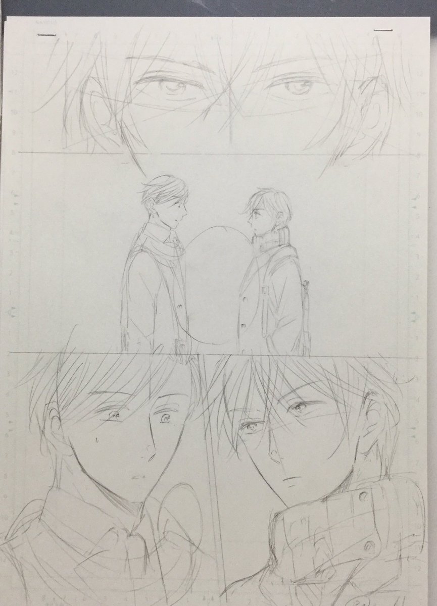 左からネーム→下書き→ペン、ベタ→トーン(完成)までです( ＾∀＾)
下書きは下にネームをホチキスで止めてライティングテーブルで描いてます！マスキングテープだと私原稿回したり裏返したりが激しいのでズレてく… 
