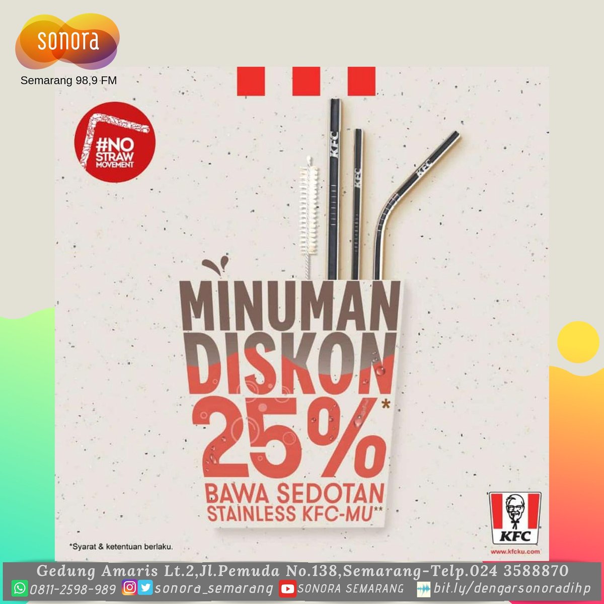 sonora_semarang's tweet photo. Ke KFC setiap hari Senin,bawa stainless straw ya. Dapatkan diskon 25% jika bawa stainless straw KFC &amp; diskon 10% utk stainless straw non KFC.
Bagi yg blm pny stainless straw, bisa mendapatkannya di KFC terdekat dgn hrg 20 ribuan, harus disertai pembelian. #nostrawmovement https://t.co/cnMfzgUOCa