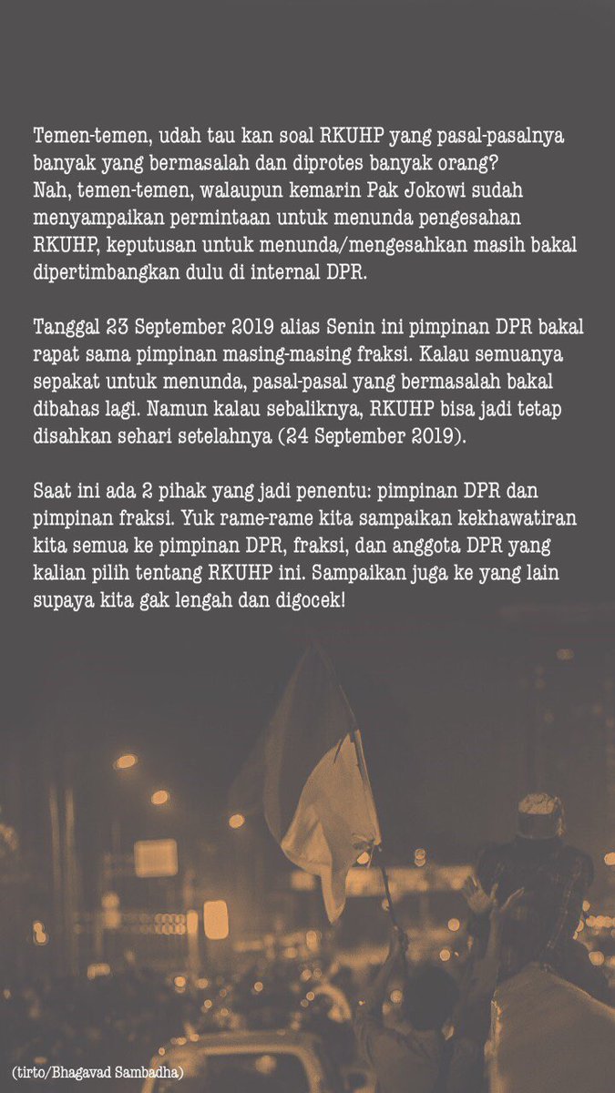 xarlmark's tweet photo. Bergabunglah dan ambil bagian dalam perlawanan. Mungkin bukan untuk kita, tapi untuk orang-orang di luar sana yang tidak dapat menyuarakan pendapatnya, untuk orang-orang yang tidak tahu apa yang akan terjadi di depan mata, atau bahkan generasi selanjutnya.

#TolakRKUHP https://t.co/SoM2fVNfKs