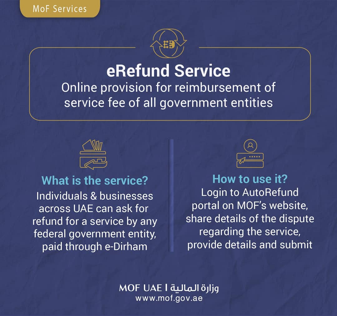 MOFUAE's tweet photo. To ensure the highest customer satisfaction levels,MOF has developed an online #AutoRefund portal to reimburse fees paid for federal services,in cases of disputes or other issues.Simply login on the link below, provide dispute details &amp; submit the request:
https://t.co/SqQfOcyiri https://t.co/6ktzRNFm2r