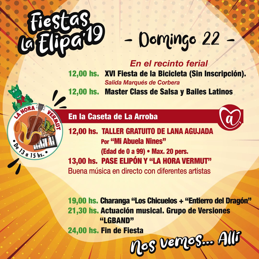 #FiestasLaElipa2019 
Actividades, hora vermut, #Elipon, conciertos como “LGBAND” además de la charanga “Los Chicuelos”
¡No os lo podéis perder!. 

Elipón, que estará a la 13:00 y las 19:00 (por confirmar el segundo pase), en la caseta de <a href="/LaArrobaMAD/">La Arroba</a> 

play.google.com/store/apps/det…