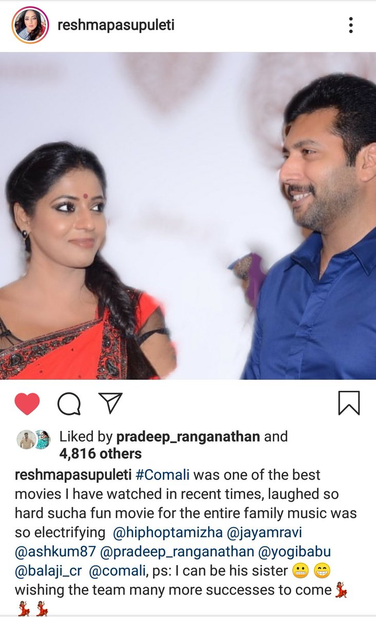 Jayam_Jananii's tweet photo. Reshma sis after coming out of #BiggBossTamil3 house..
Her review abt the movie #comali
@actor_jayamravi @pradeeponelife @VelsFilmIntl @reshupasupuleti
#ComaliSuccess #comaliwinsboxoffice #comalimassivehit https://t.co/o8RNHAs7cz