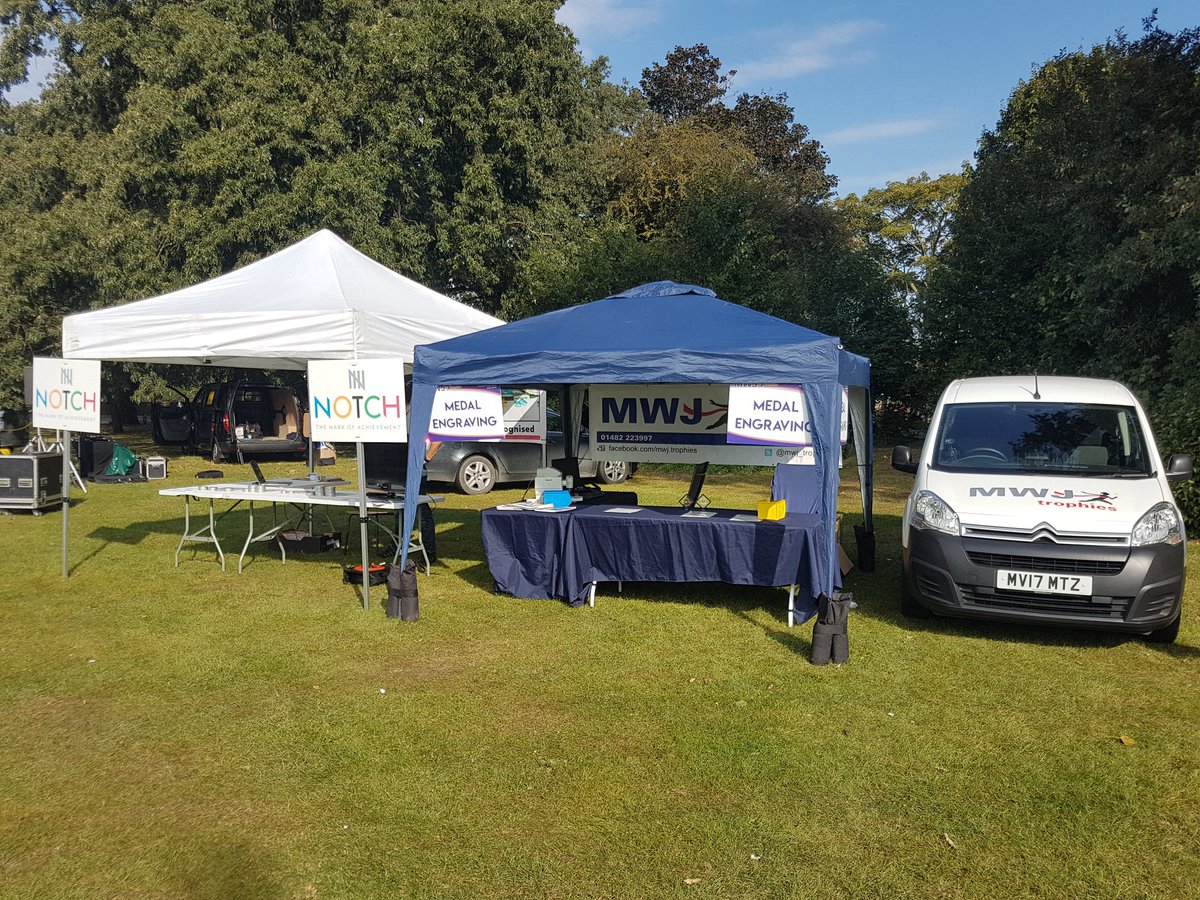 All set up and ready to receive the runners at the @thehullmarathon for medal engraving. Great to be situated next to our friends at Notch - The Mark of Achievement