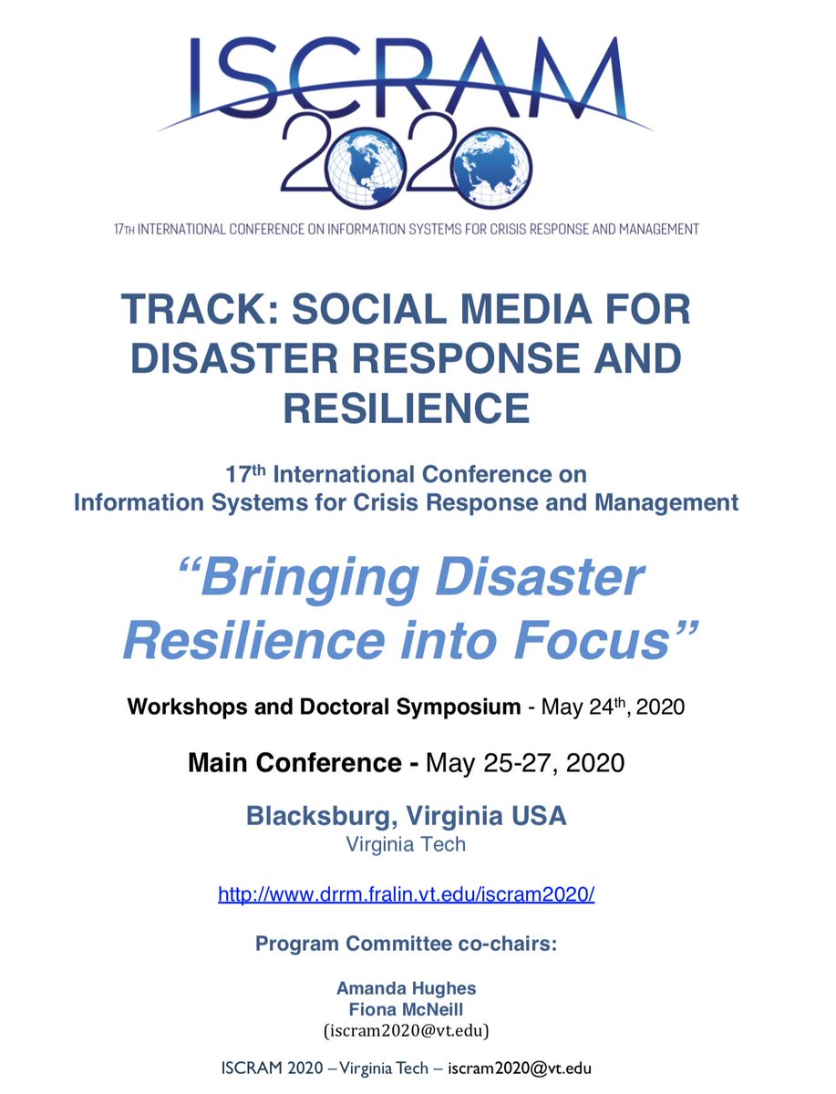 mimran15's tweet photo. .@ISCRAM2020 CFP Social Media for Disaster Response and Resilience. Topics include: Info overload, veracity, classification of text &amp; images; automatic geotagging; digital volunteering and crowdsourcing; case studies w/ @StarrRoxanne @chrireu @dcaragea @PIOResearcher @lsplotnick https://t.co/zzdyDoPbLd