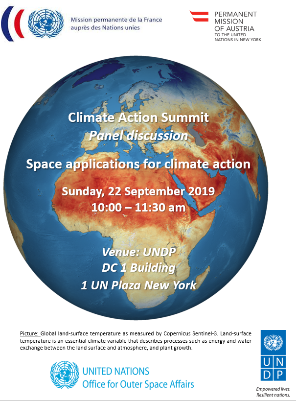 Join us today <a href="/10AM/">☆♩ ♪ ♫ ♬♡</a> at <a href="/UNDP/">UN Development</a> in #NY 4 a side event on #spacetech 4 #climateaction! <a href="/SDiPippo_OOSA/">Simonetta Di Pippo</a> &amp; other #space leaders will discuss 
concrete measures &amp; share experiences to use #spacetech 4 information, mitigation, resilience &amp; adaptation
 
#UNGA74 #Space4SDGs #ClimateAction