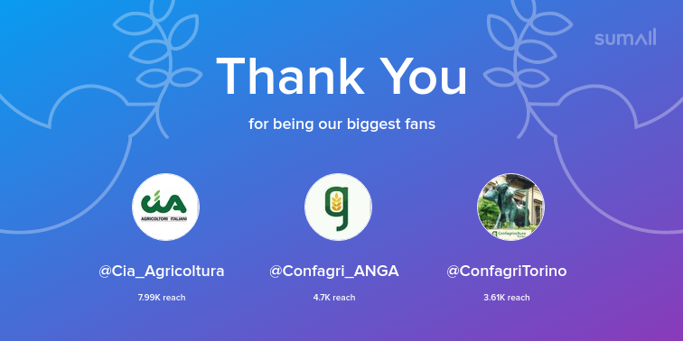 Confagricoltura's tweet photo. Our biggest fans this week: Cia_Agricoltura, Confagri_ANGA, ConfagriTorino. Thank you! via https://t.co/RlvjNvEWzL https://t.co/uMCnLoglUV