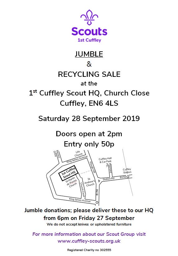 Flyers are being delivered to promote our Jumble &amp; Recycling Sale on Sat 28 Sep It starts at 2pm at our HQ. #cuffleyscouts #pottersbarscouts #pbscouts #jumblesale #recycling