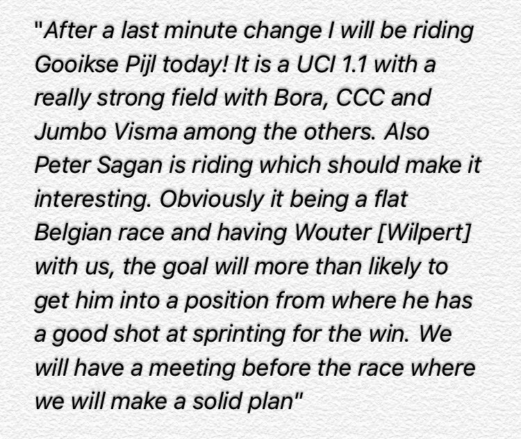 FabioValente147's tweet photo. RACEDAY! Our @dairef1996 will ride #GooiksePijl today and these are his pre-race words. A tough race with lots of strong teams at the start. It will be an interesting one for our ๐ rocket
#behindhim https://t.co/8PyZMWWOdG