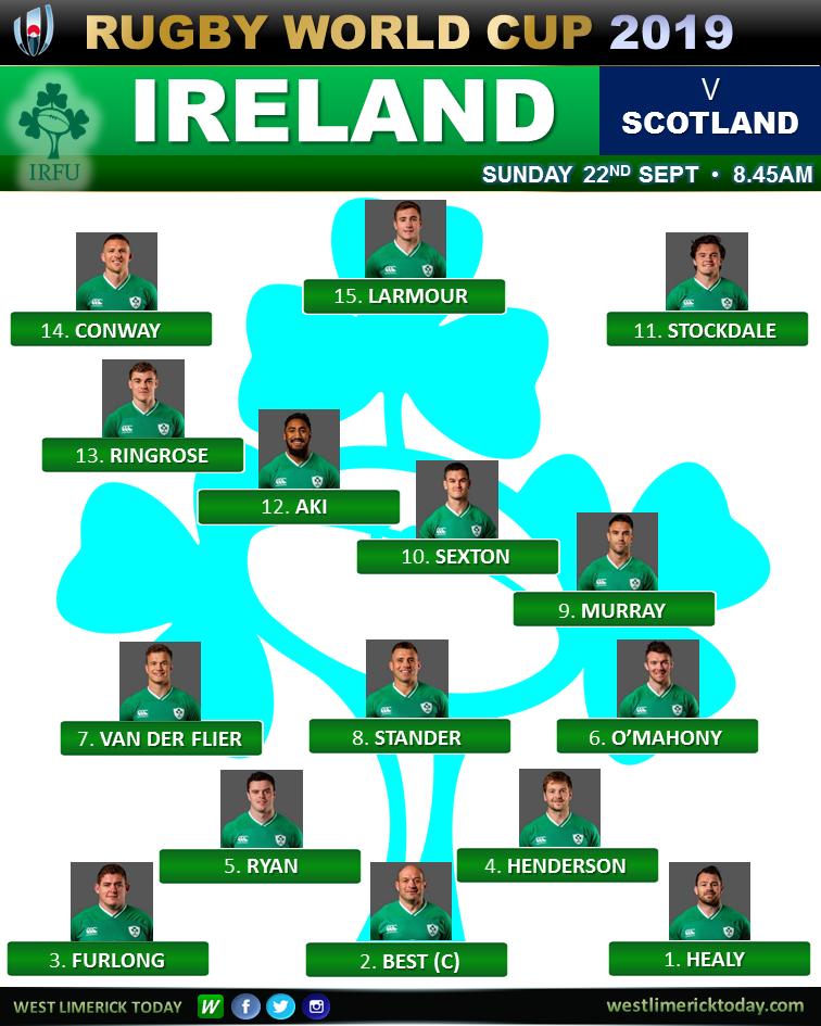 WestLkToday's tweet photo. Just over 10 mins to kick off in Ireland's opening World Cup match against Scotland. Here's a reminder of the starting line up. Come on Ireland! 🇮🇪🏉🇮🇪 https://t.co/CnYp59OUGS