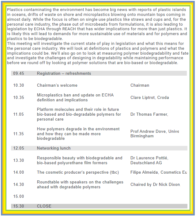 SCS_Society's tweet photo. Thurs 26 Sept 10am-4pm Stockport
Plastics contaminating the environment is big news 
British Association for Chemical Specialities  (BACS) &amp; Society of Cosmetic Scientists (SCS) joint meeting - Polymer Solutions for Personal Care
https://t.co/zQZQeHR7ch
https://t.co/rJhrdJdqmJ https://t.co/k7ICH7bxf8