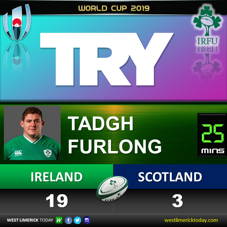 WestLkToday's tweet photo. Furlong crashes over for try number 3 after great work by CJ Stander. Murray converts with Sexton getting treatment. 19-3 to Ireland. https://t.co/B7MLsPteri